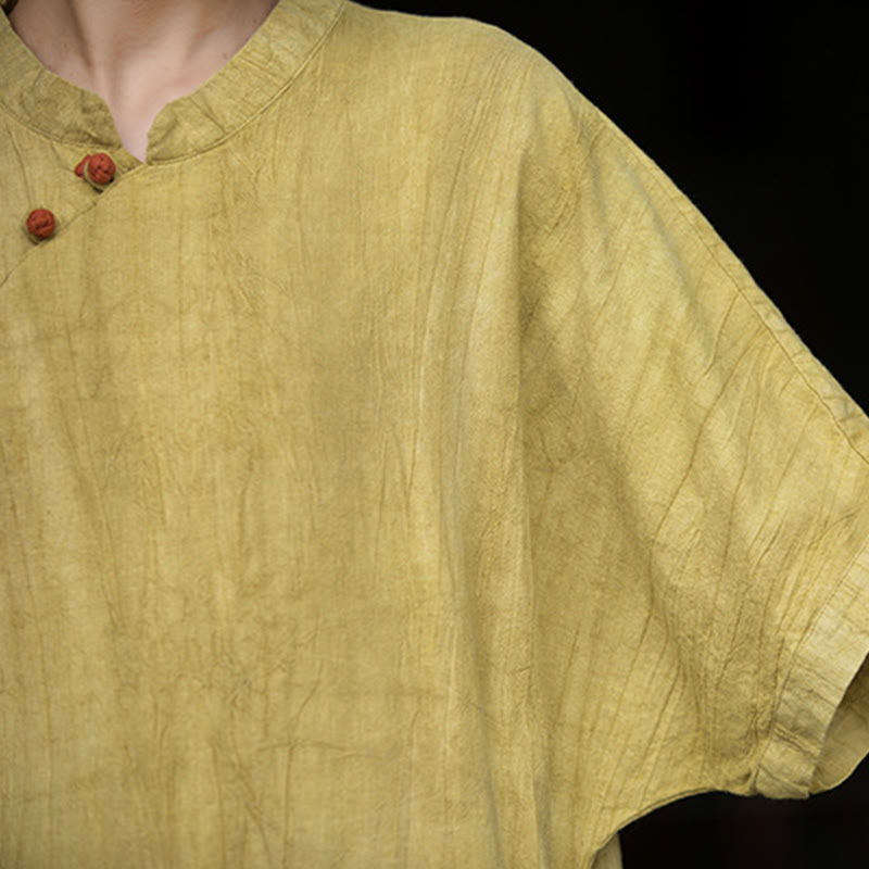 Buddha Stones Handgefertigtes, batikgefärbtes Damenkleid aus Ramie-Leinen mit kurzen Ärmeln und Taschen, knietief geschnitten - image 9