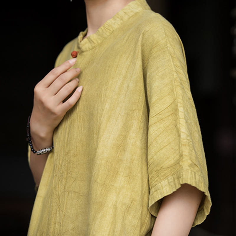 Buddha Stones Handgefertigtes, batikgefärbtes Damenkleid aus Ramie-Leinen mit kurzen Ärmeln und Taschen, knietief geschnitten - image 10