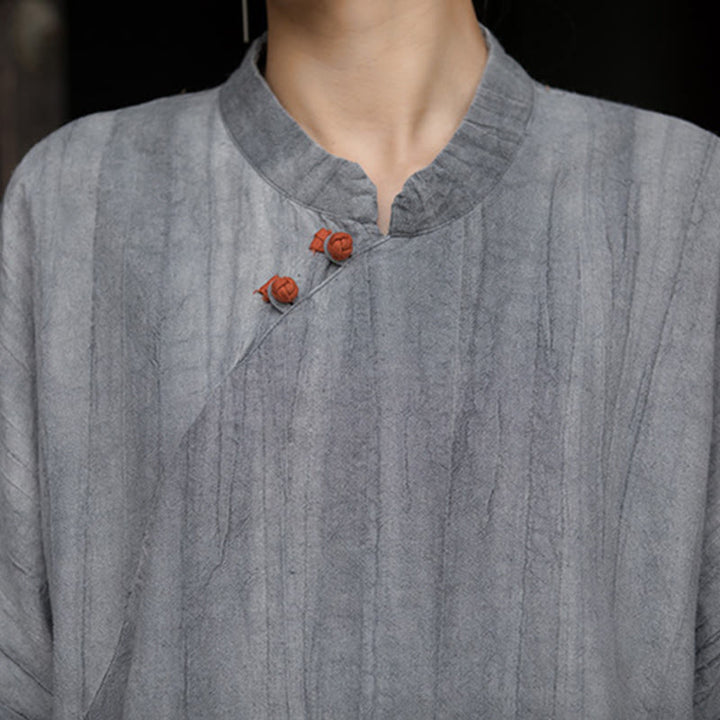 Buddha Stones Handgefertigtes, batikgefärbtes Damenkleid aus Ramie-Leinen mit kurzen Ärmeln und Taschen, knietief geschnitten - image 16