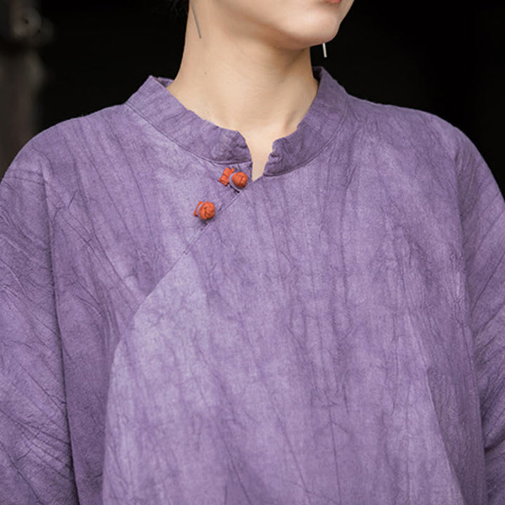 Buddha Stones Handgefertigtes, batikgefärbtes Damenkleid aus Ramie-Leinen mit kurzen Ärmeln und Taschen, knietief geschnitten - image 2