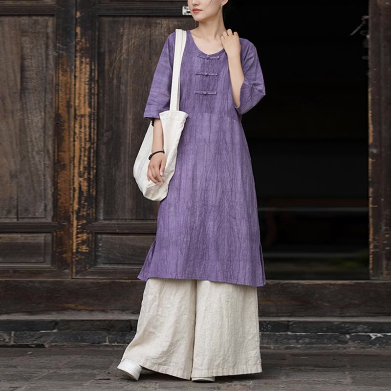 Buddha Stones Handgemachtes Tie Dye Ramie Leinen Froschknopf Midikleid Weite Beinhose mit Taschen - Lila Kleid & Khaki Hosen - US4-8/10， UK/AU8-12/14，EU36-40/42 (F) - image 0