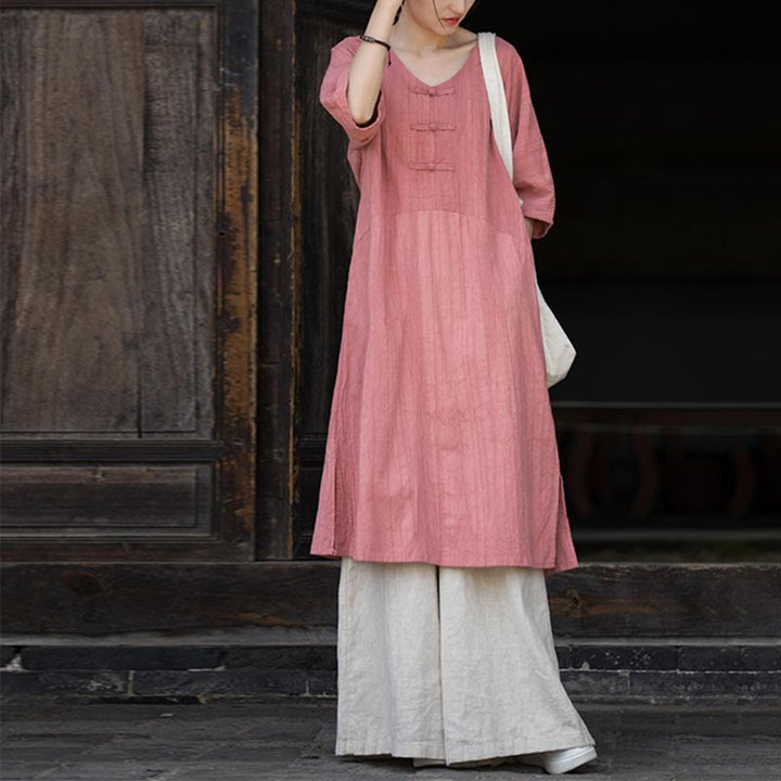 Buddha Stones Handgemachtes Tie Dye Ramie Leinen Froschknopf Midikleid Weite Beinhose mit Taschen - Rosa Kleid & Khaki Hosen - US4-8/10， UK/AU8-12/14，EU36-40/42 (F) - image 13