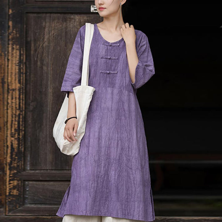 Buddha Stones Handgemachtes Tie Dye Ramie Leinen Froschknopf Midikleid Weite Beinhose mit Taschen - Lila Kleid (nur Kleid) - US4-8/10， UK/AU8-12/14，EU36-40/42 (F) - image 6
