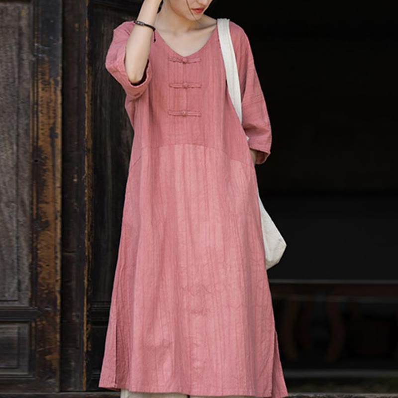 Buddha Stones Handgemachtes Tie Dye Ramie Leinen Froschknopf Midikleid Weite Beinhose mit Taschen - Rosa Kleid (nur Kleid) - US4-8/10， UK/AU8-12/14，EU36-40/42 (F) - image 19