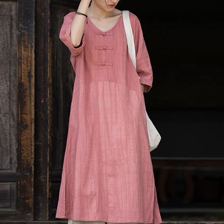 Buddha Stones Handgemachtes Tie Dye Ramie Leinen Froschknopf Midikleid Weite Beinhose mit Taschen - Rosa Kleid (nur Kleid) - US4-8/10， UK/AU8-12/14，EU36-40/42 (F) - image 19