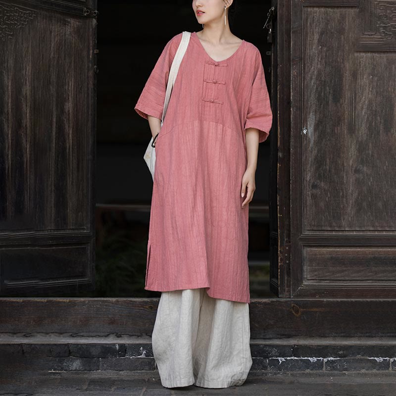 Buddha Stones Handgemachtes Tie Dye Ramie Leinen Froschknopf Midikleid Weite Beinhose mit Taschen - image 14