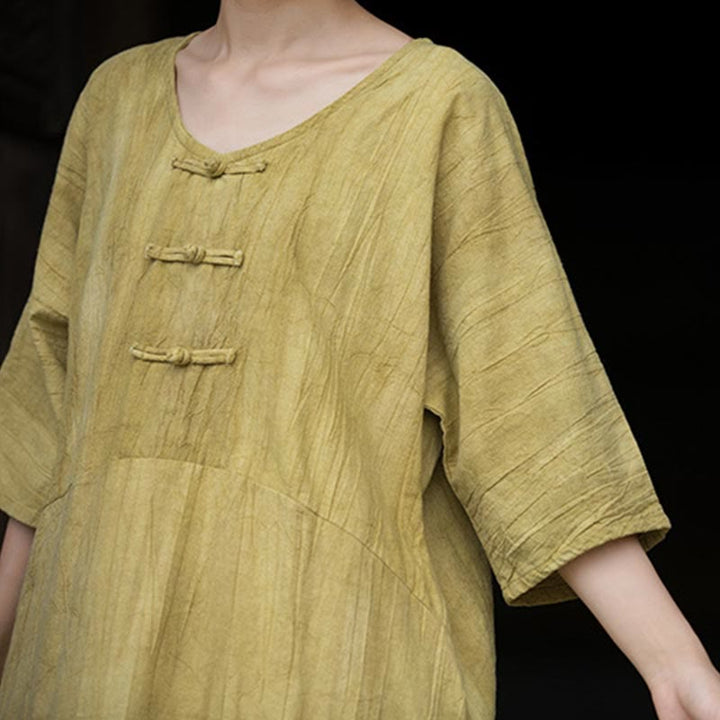 Buddha Stones Handgemachtes Tie Dye Ramie Leinen Froschknopf Midikleid Weite Beinhose mit Taschen - image 29