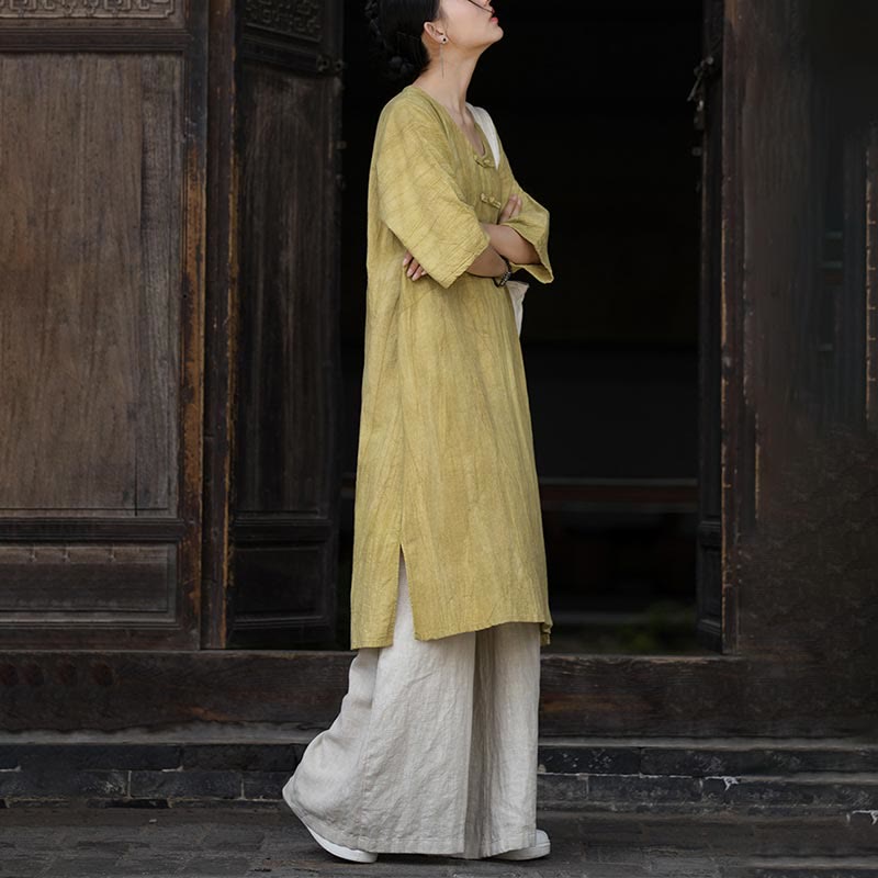 Buddha Stones Handgemachtes Tie Dye Ramie Leinen Froschknopf Midikleid Weite Beinhose mit Taschen - image 25