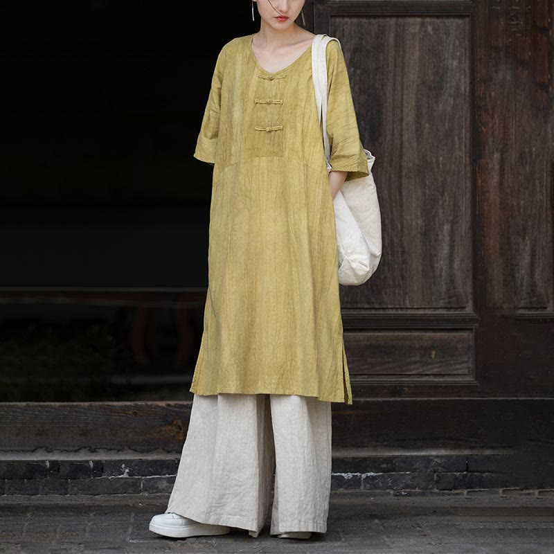 Buddha Stones Handgemachtes Tie Dye Ramie Leinen Froschknopf Midikleid Weite Beinhose mit Taschen - image 27
