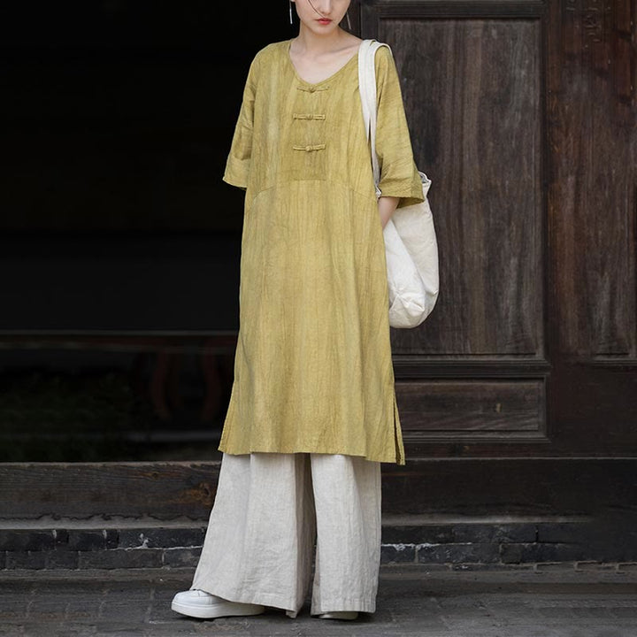 Buddha Stones Handgemachtes Tie Dye Ramie Leinen Froschknopf Midikleid Weite Beinhose mit Taschen - image 27