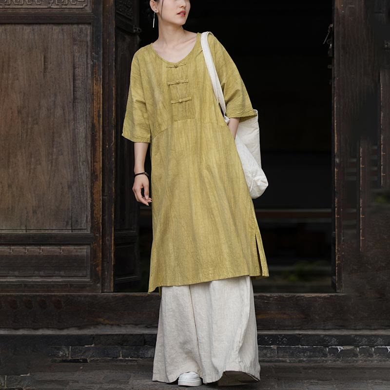Buddha Stones Handgemachtes Tie Dye Ramie Leinen Froschknopf Midikleid Weite Beinhose mit Taschen - image 24