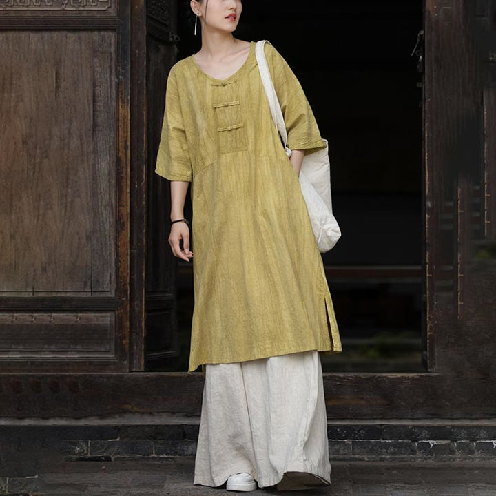 Buddha Stones Handgemachtes Tie Dye Ramie Leinen Froschknopf Midikleid Weite Beinhose mit Taschen - image 24