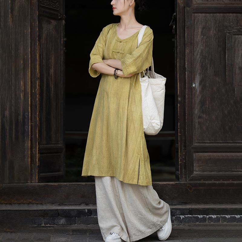 Buddha Stones Handgemachtes Tie Dye Ramie Leinen Froschknopf Midikleid Weite Beinhose mit Taschen - image 26