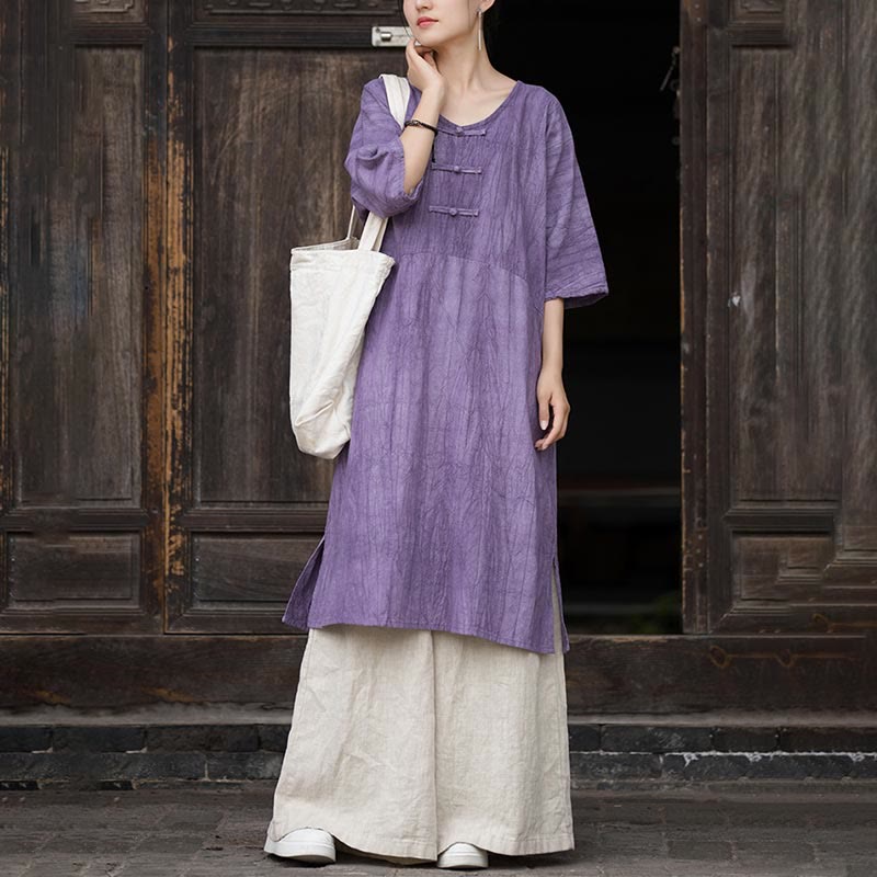 Buddha Stones Handgemachtes Tie Dye Ramie Leinen Froschknopf Midikleid Weite Beinhose mit Taschen - image 1