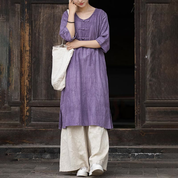 Buddha Stones Handgemachtes Tie Dye Ramie Leinen Froschknopf Midikleid Weite Beinhose mit Taschen - image 3