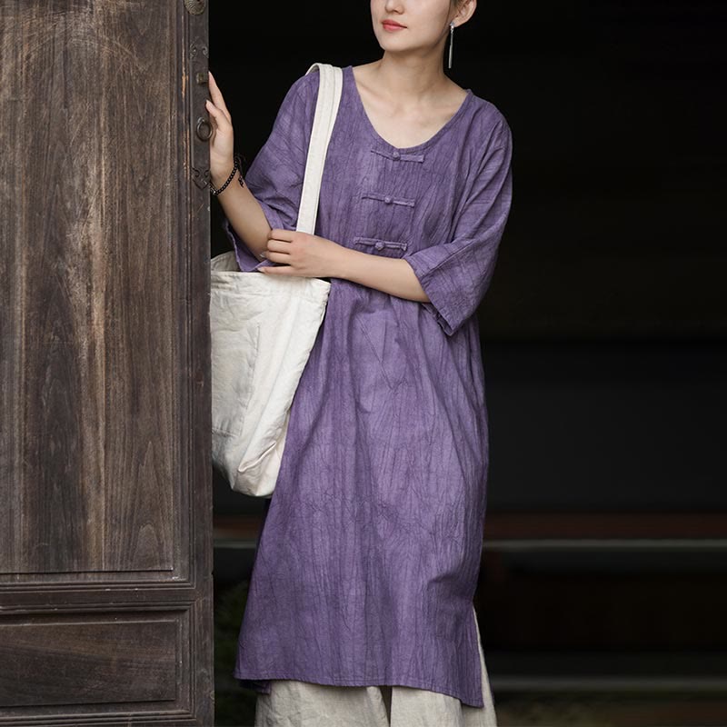 Buddha Stones Handgemachtes Tie Dye Ramie Leinen Froschknopf Midikleid Weite Beinhose mit Taschen - image 7