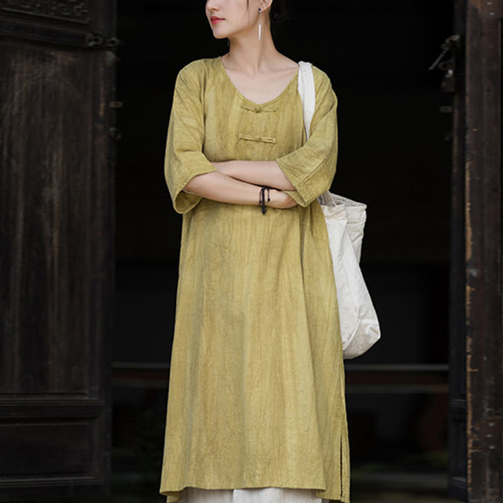 Buddha Stones Handgemachtes Tie Dye Ramie Leinen Froschknopf Midikleid Weite Beinhose mit Taschen - Gelbes Kleid (nur Kleid) - US4-8/10, UK/AU8-12/14, EU36-40/42 (F) - image 28