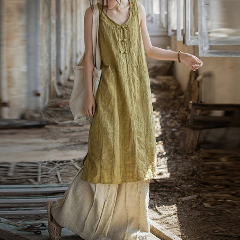 Buddha Stones Froschknopf-Kleid aus Ramie-Leinen, ärmellos, knielang und mit Taschen - Gelbes Kleid & beige Hose - US4-8/10, UK/AU8-12/14, EU36-40/42 (F) - image 0