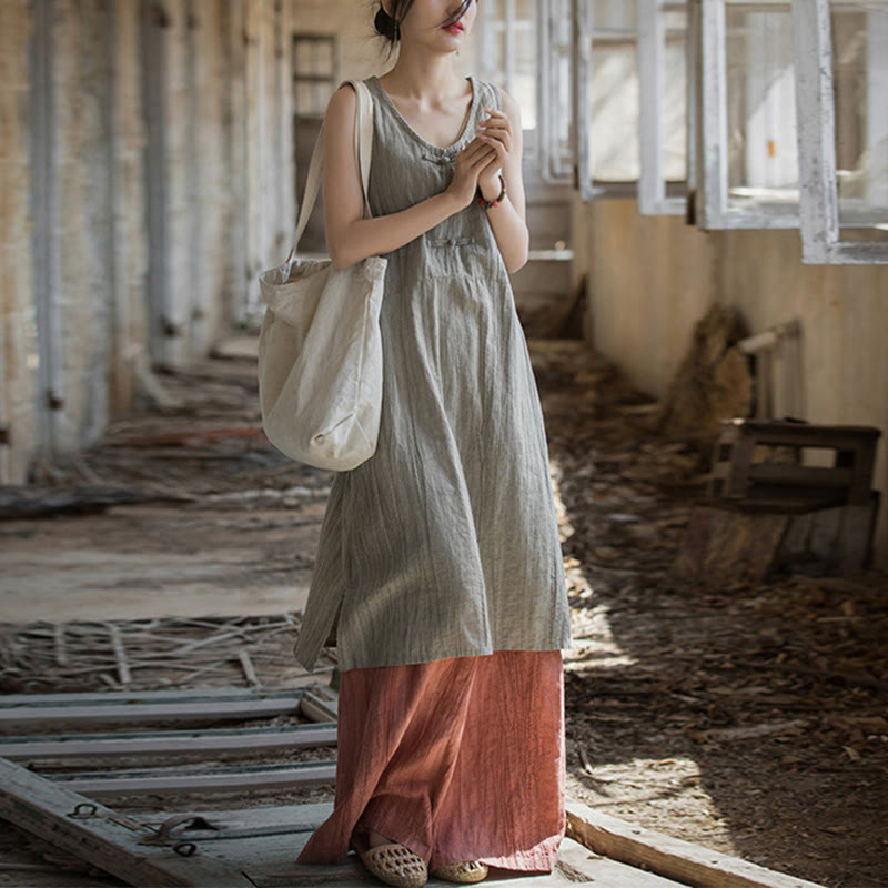 Buddha Stones Ärmelloses Camisole-Midikleid mit Froschknöpfen, Hose aus Ramie-Leinen mit weitem Bein und Taschen - Leinenkleid & Rote Hose - US4-8/10， UK/AU8-12/14，EU36-40/42 (F) - image 11