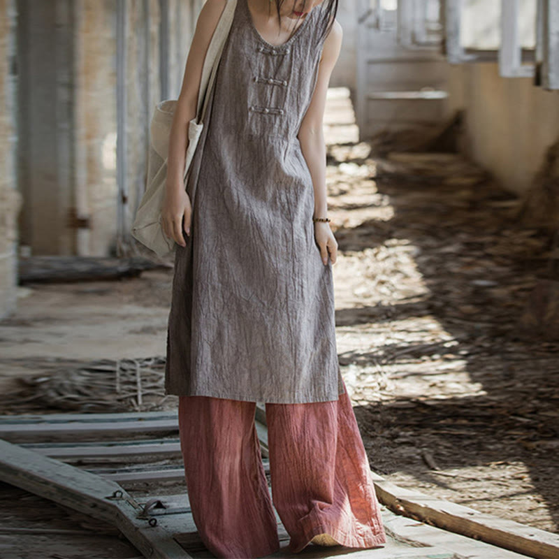 Buddha Stones Ärmelloses Camisole-Midikleid mit Froschknöpfen, Hose aus Ramie-Leinen mit weitem Bein und Taschen - Distelkleid & Rote Hose - US4-8/10， UK/AU8-12/14，EU36-40/42 (F) - image 26