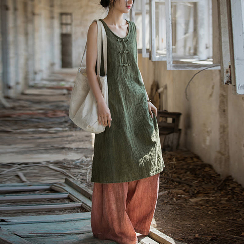 Buddha Stones Ärmelloses Camisole-Midikleid mit Froschknöpfen, Hose aus Ramie-Leinen mit weitem Bein und Taschen - Dunkelmeergrünes Kleid & rote Hose - US4-8/10, UK/AU8-12/14, EU36-40/42 (F) - image 18
