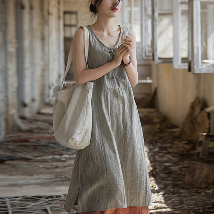 Buddha Stones Ärmelloses Camisole-Midikleid mit Froschknöpfen, Hose aus Ramie-Leinen mit weitem Bein und Taschen - Leinenkleid (nur Kleid) - US4-8/10， UK/AU8-12/14，EU36-40/42 (F) - image 14