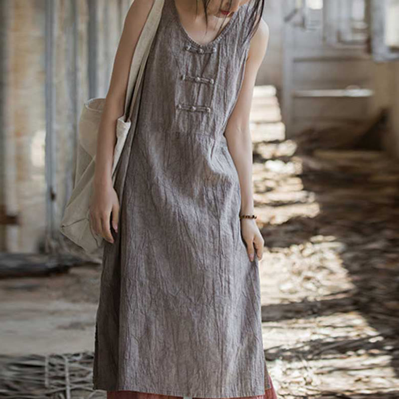 Buddha Stones Froschknopf-Kleid aus Ramie-Leinen, ärmellos, knielang und mit Taschen - Distelkleid (nur Kleid) - US4-8/10, UK/AU8-12/14, EU36-40/42 (F) - image 31