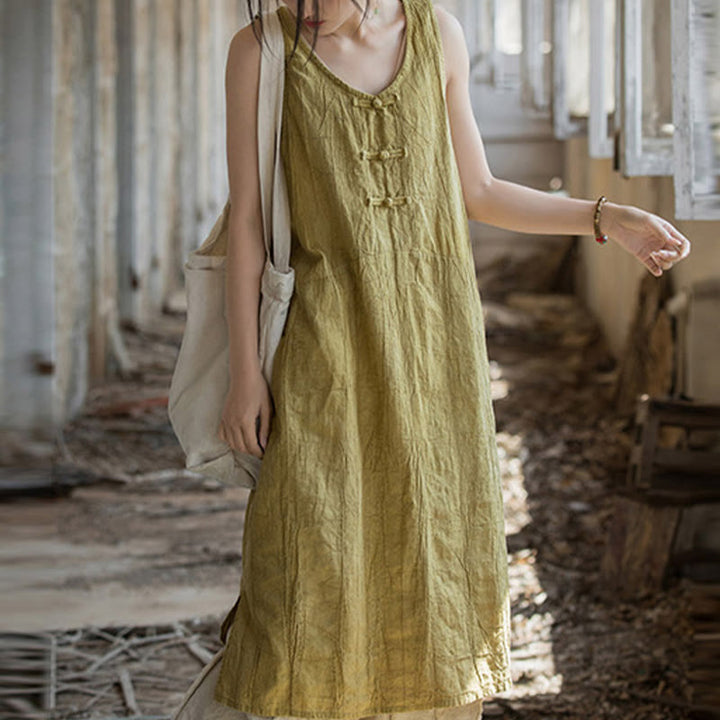 Buddha Stones Ärmelloses Camisole-Midikleid mit Froschknöpfen, Hose aus Ramie-Leinen mit weitem Bein und Taschen - Gelbes Kleid (nur Kleid) - US4-8/10， UK/AU8-12/14，EU36-40/42 (F) - image 7