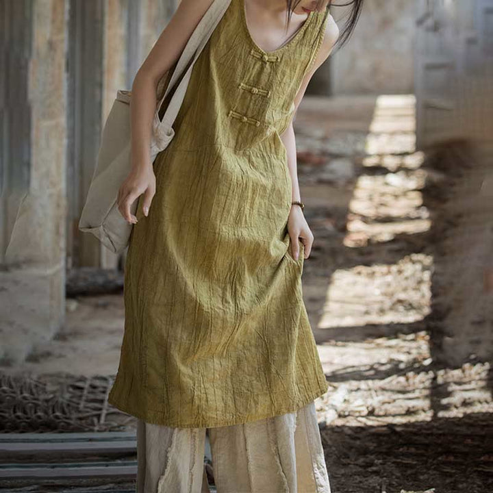 Buddha Stones Ärmelloses Camisole-Midikleid mit Froschknöpfen, Hose aus Ramie-Leinen mit weitem Bein und Taschen - image 5