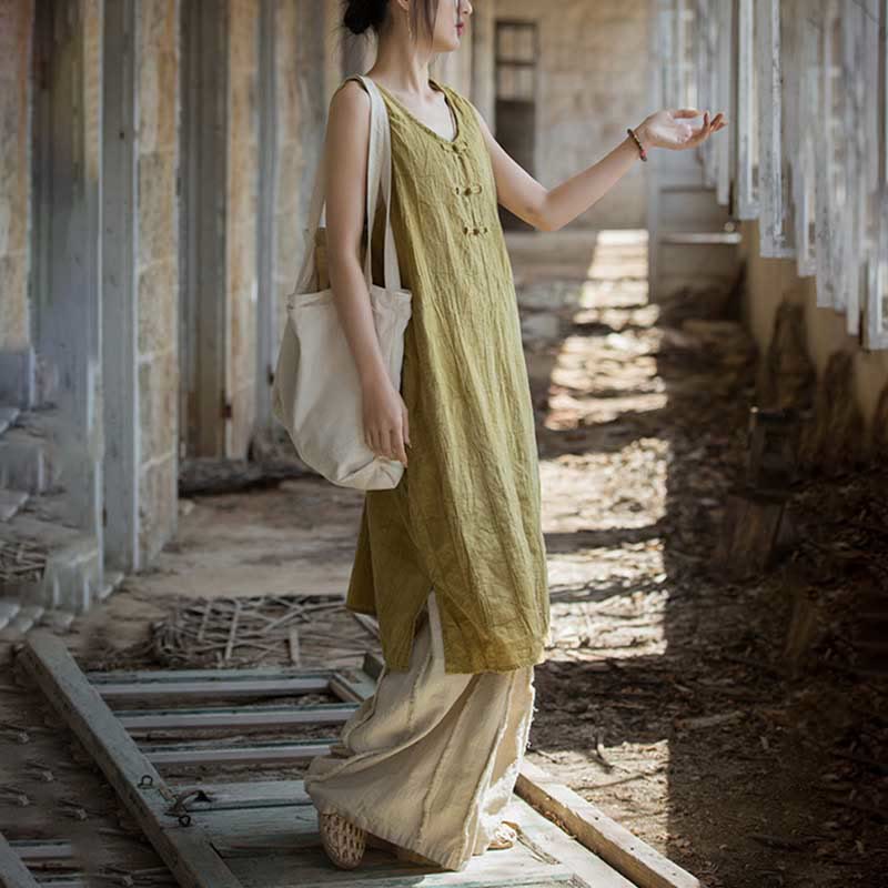 Buddha Stones Ärmelloses Camisole-Midikleid mit Froschknöpfen, Hose aus Ramie-Leinen mit weitem Bein und Taschen - image 2