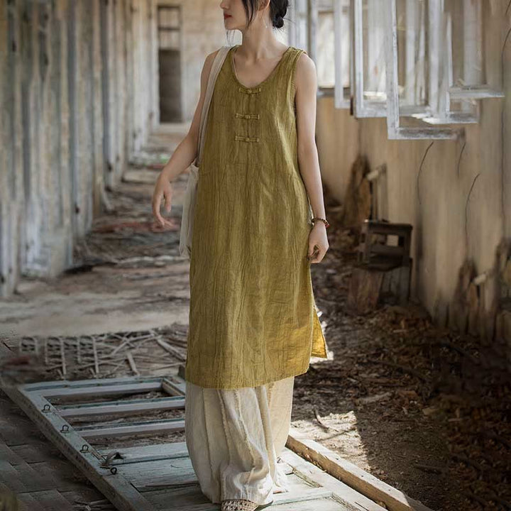 Buddha Stones Ärmelloses Camisole-Midikleid mit Froschknöpfen, Hose aus Ramie-Leinen mit weitem Bein und Taschen - image 4