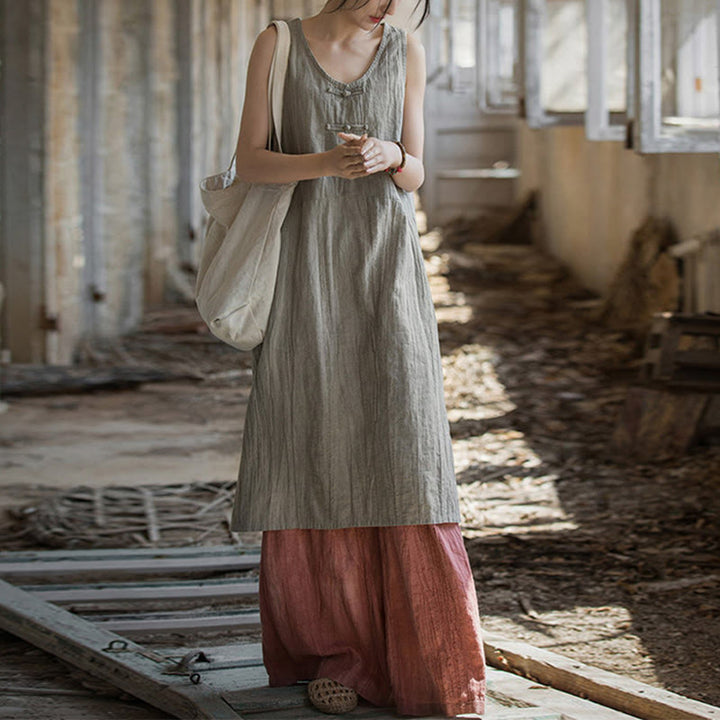 Buddha Stones Ärmelloses Camisole-Midikleid mit Froschknöpfen, Hose aus Ramie-Leinen mit weitem Bein und Taschen - image 13