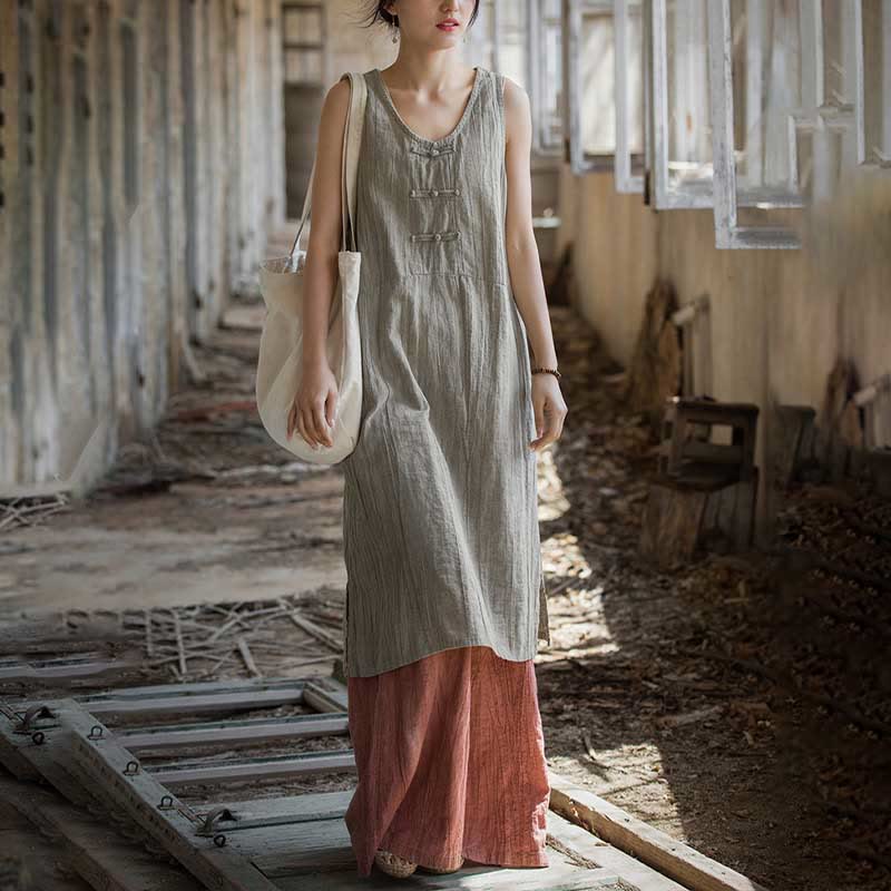 Buddha Stones Ärmelloses Camisole-Midikleid mit Froschknöpfen, Hose aus Ramie-Leinen mit weitem Bein und Taschen - image 12