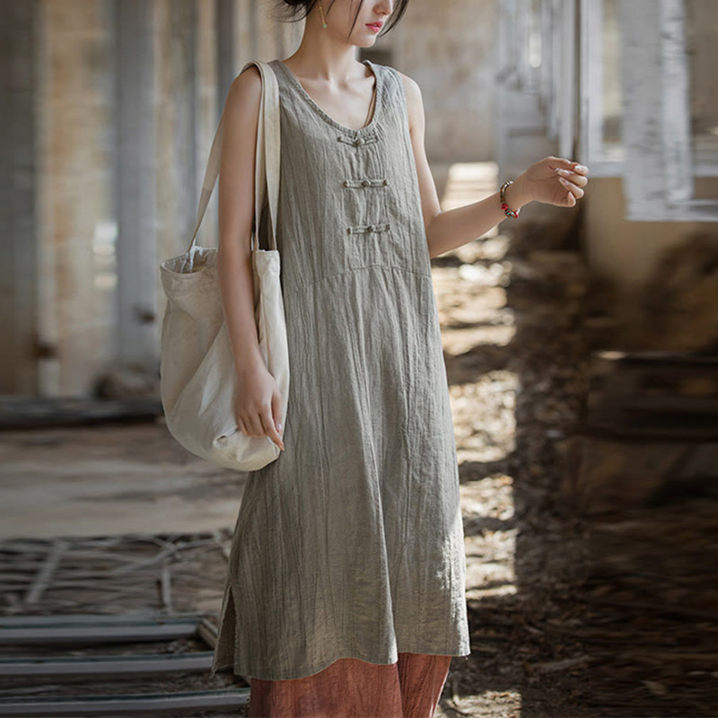 Buddha Stones Froschknopf-Kleid aus Ramie-Leinen, ärmellos, knielang und mit Taschen - image 15