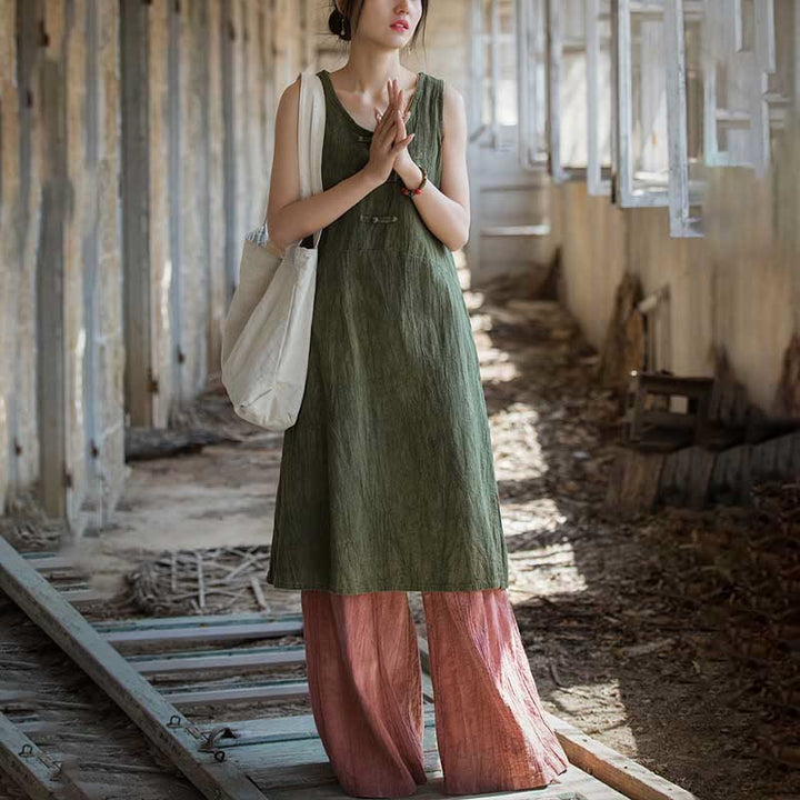 Buddha Stones Ärmelloses Camisole-Midikleid mit Froschknöpfen, Hose aus Ramie-Leinen mit weitem Bein und Taschen - image 22
