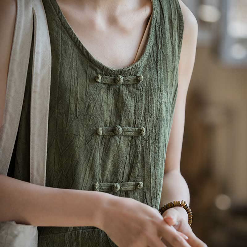 Buddha Stones Ärmelloses Camisole-Midikleid mit Froschknöpfen, Hose aus Ramie-Leinen mit weitem Bein und Taschen - image 24
