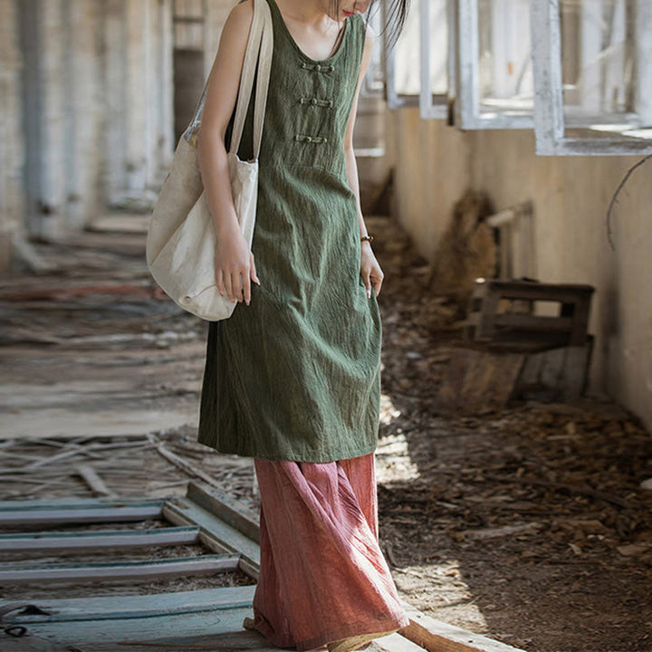 Buddha Stones Ärmelloses Camisole-Midikleid mit Froschknöpfen, Hose aus Ramie-Leinen mit weitem Bein und Taschen - image 20