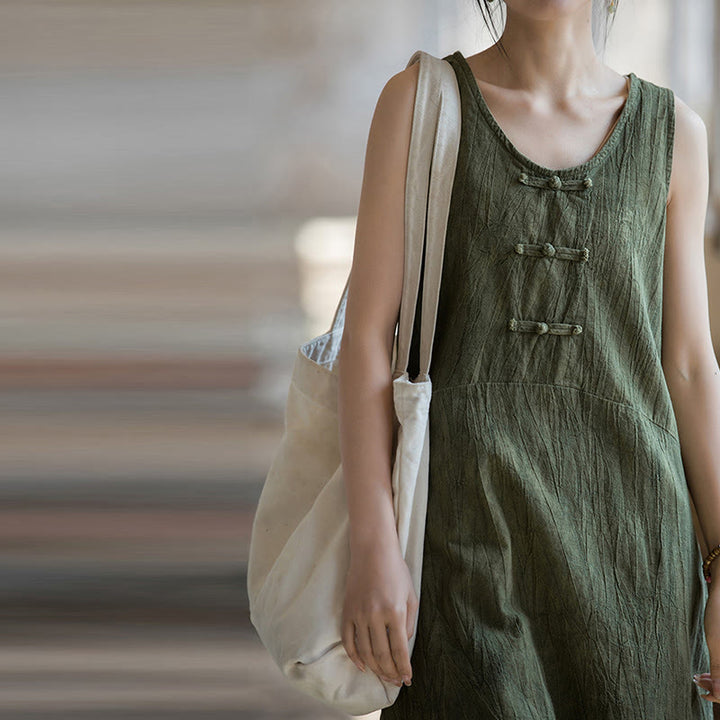 Buddha Stones Ärmelloses Camisole-Midikleid mit Froschknöpfen, Hose aus Ramie-Leinen mit weitem Bein und Taschen - image 25
