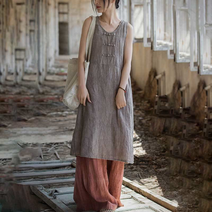 Buddha Stones Ärmelloses Camisole-Midikleid mit Froschknöpfen, Hose aus Ramie-Leinen mit weitem Bein und Taschen - image 27