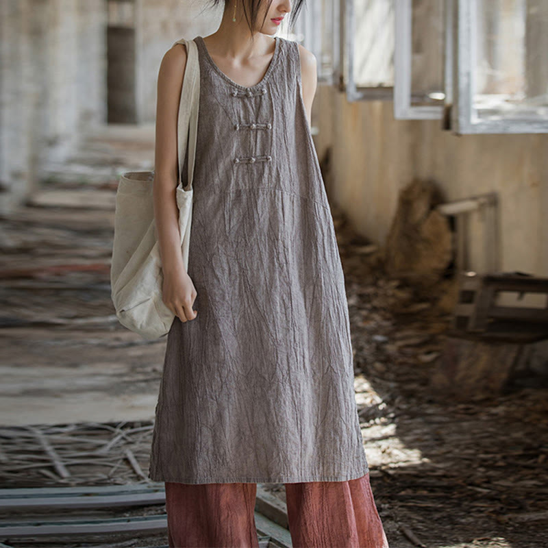 Buddha Stones Ärmelloses Camisole-Midikleid mit Froschknöpfen, Hose aus Ramie-Leinen mit weitem Bein und Taschen - image 30