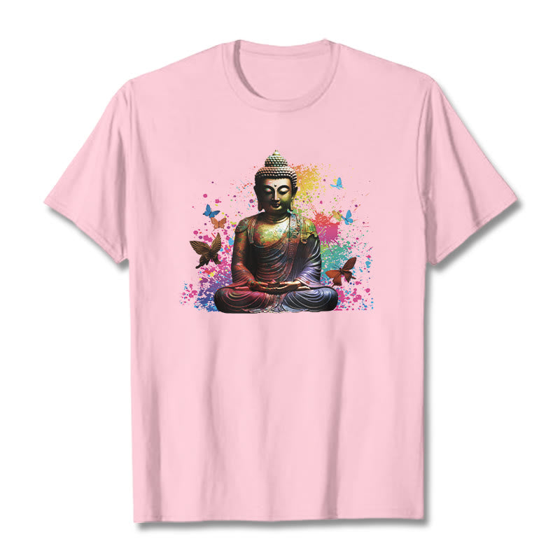Buddha Stones Buntes Schmetterlings-Meditations-Buddha-T-Shirt - Hellrosa - 2XL - image 11