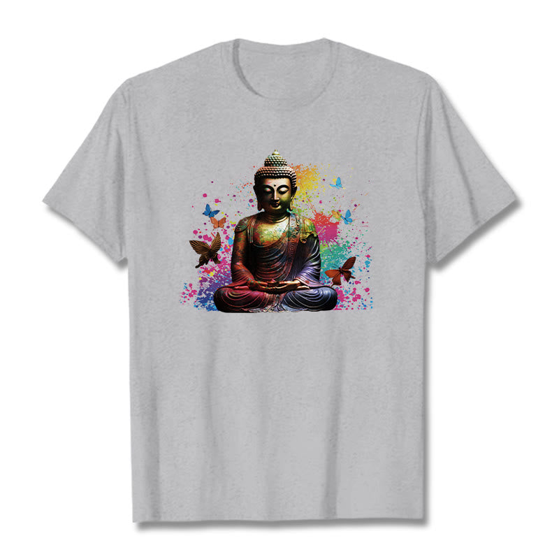 Buddha Stones Buntes Schmetterlings-Meditations-Buddha-T-Shirt - Hellgrau - 2XL - image 18