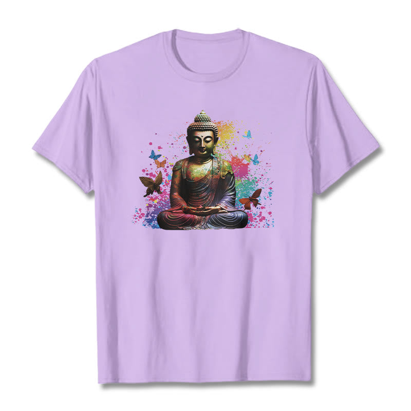 Buddha Stones Buntes Schmetterlings-Meditations-Buddha-T-Shirt - Pflaume - 2XL - image 15