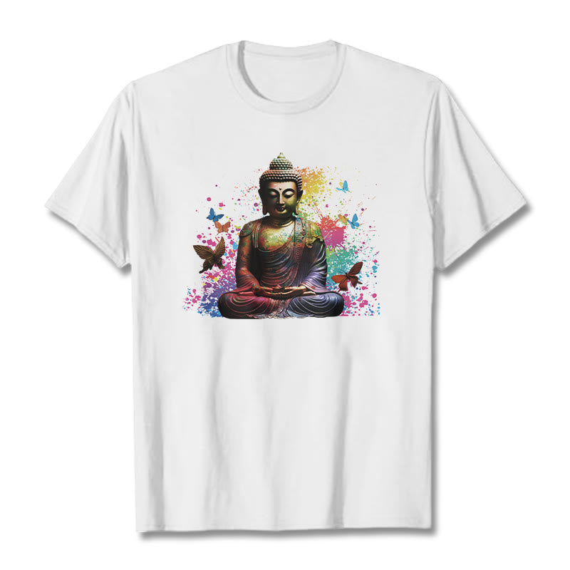 Buddha Stones Buntes Schmetterlings-Meditations-Buddha-T-Shirt - Weiß - 2XL - image 4