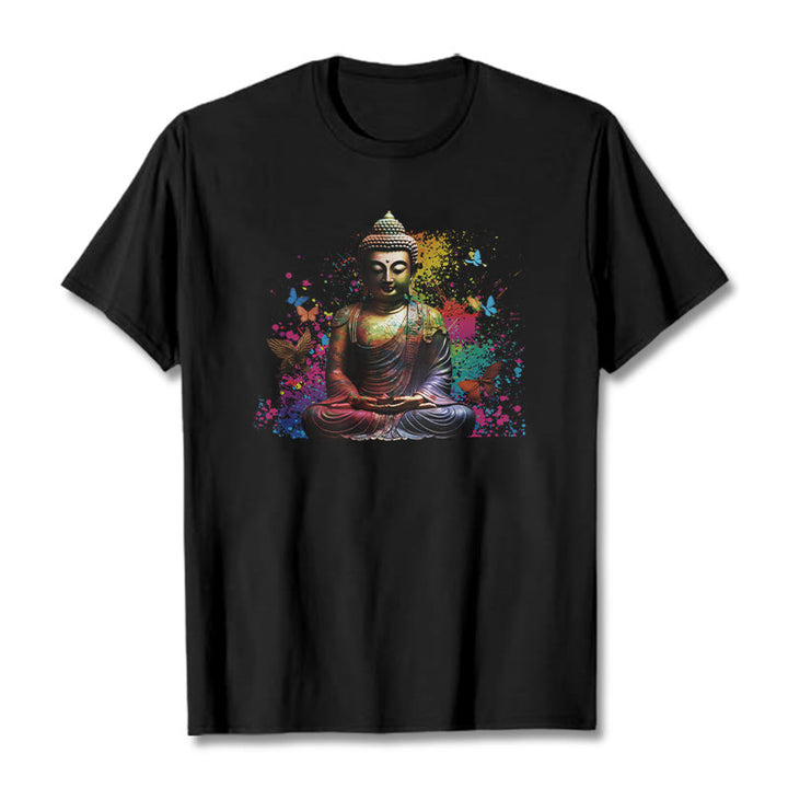 Buddha Stones Buntes Schmetterlings-Meditations-Buddha-T-Shirt - Schwarz - 2XL - image 0