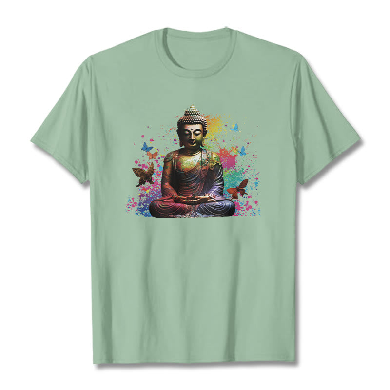 Buddha Stones Buntes Schmetterlings-Meditations-Buddha-T-Shirt - Hellgrün - 2XL - image 13