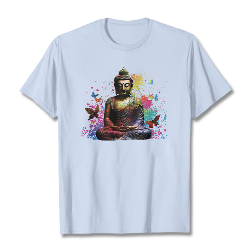Buddha Stones Buntes Schmetterlings-Meditations-Buddha-T-Shirt - Hellcyan - 2XL - image 17