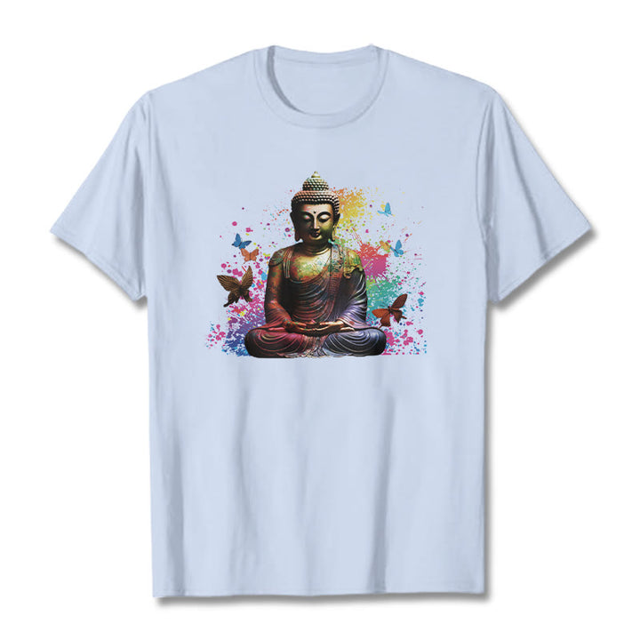 Buddha Stones Buntes Schmetterlings-Meditations-Buddha-T-Shirt - Hellcyan - 2XL - image 17
