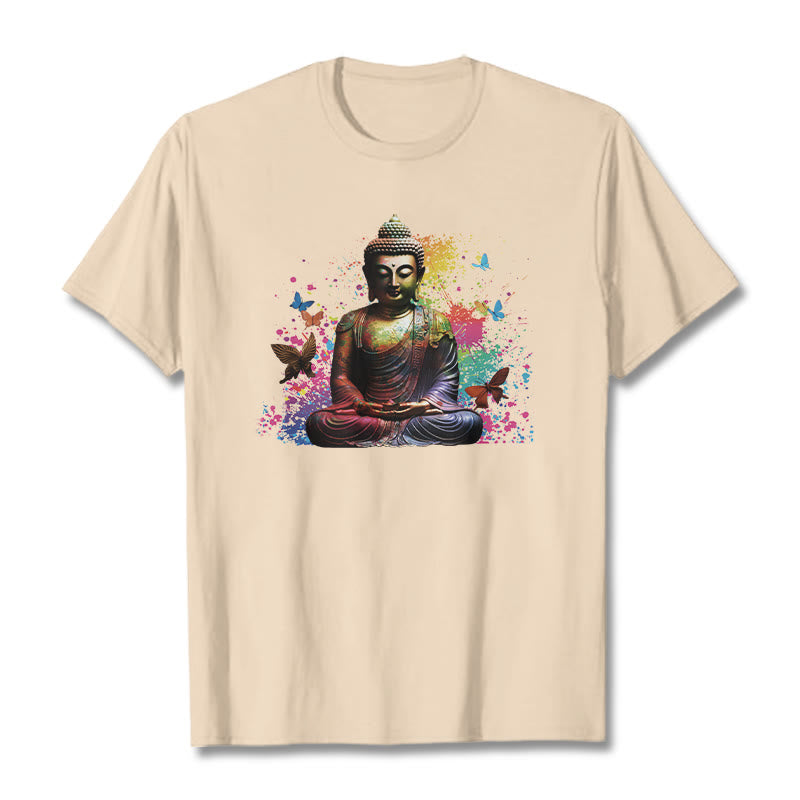 Buddha Stones Buntes Schmetterlings-Meditations-Buddha-T-Shirt - Biskuit - 2XL - image 7