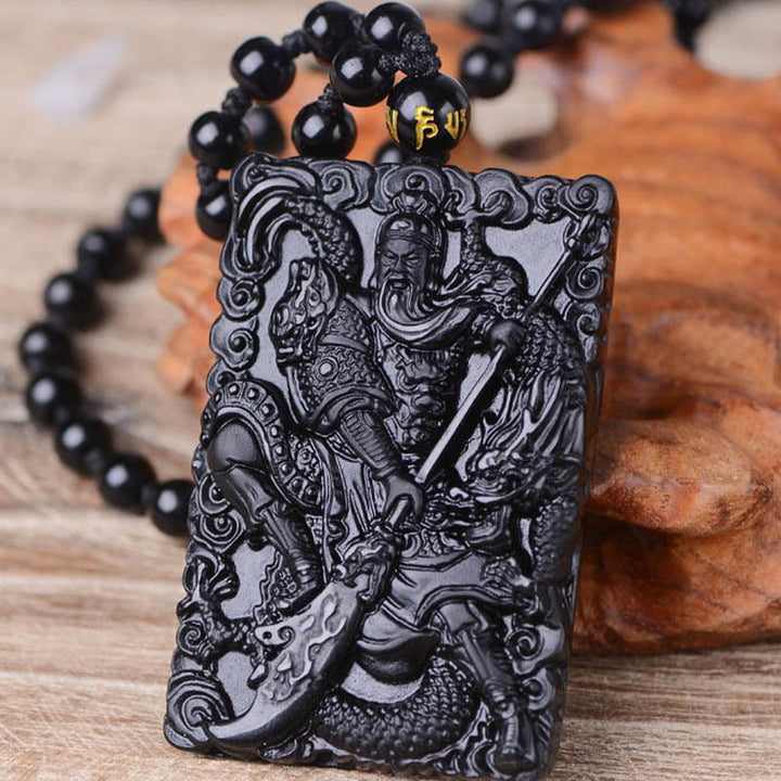 Buddha Stones Halskettenanhänger aus schwarzem Obsidian mit Guan-Gong-Amulett und Gravur – Symbol der Stärke - image 6